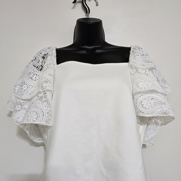 BOSTON PROPER Square Neck Crochet Ruffle Sleeve Stretch Blouse Large Off-White - Picture 3 of 16